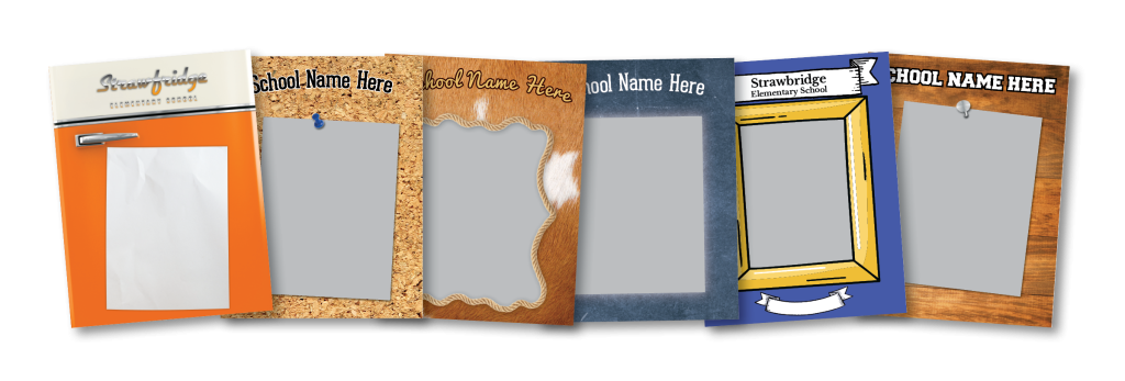 Examples of yearbook covers with blank spaces where student art may be placed.