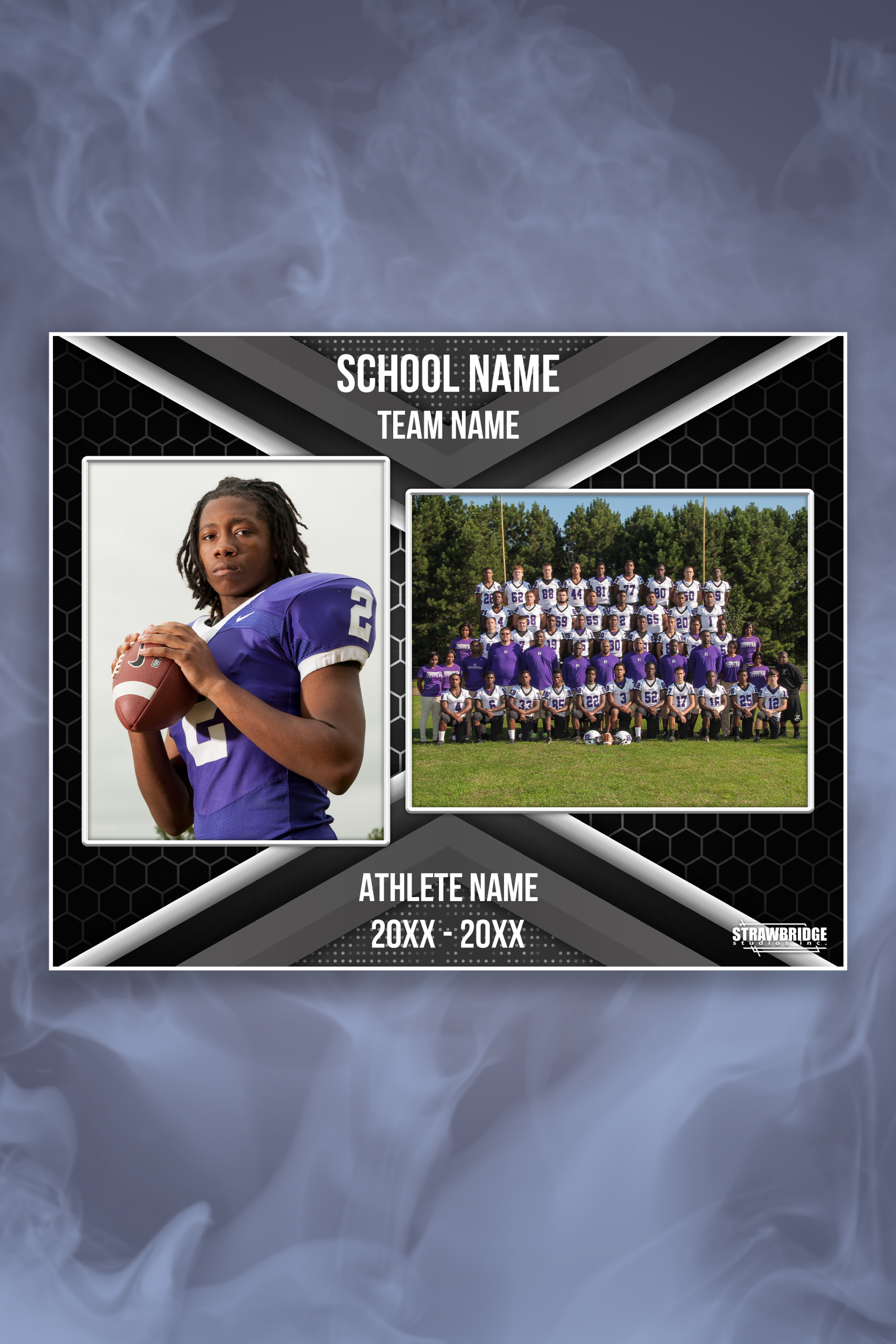 An image of the Memory Mate. An individual portrait is presented next to a team photo, all on one sheet with a decorative border.