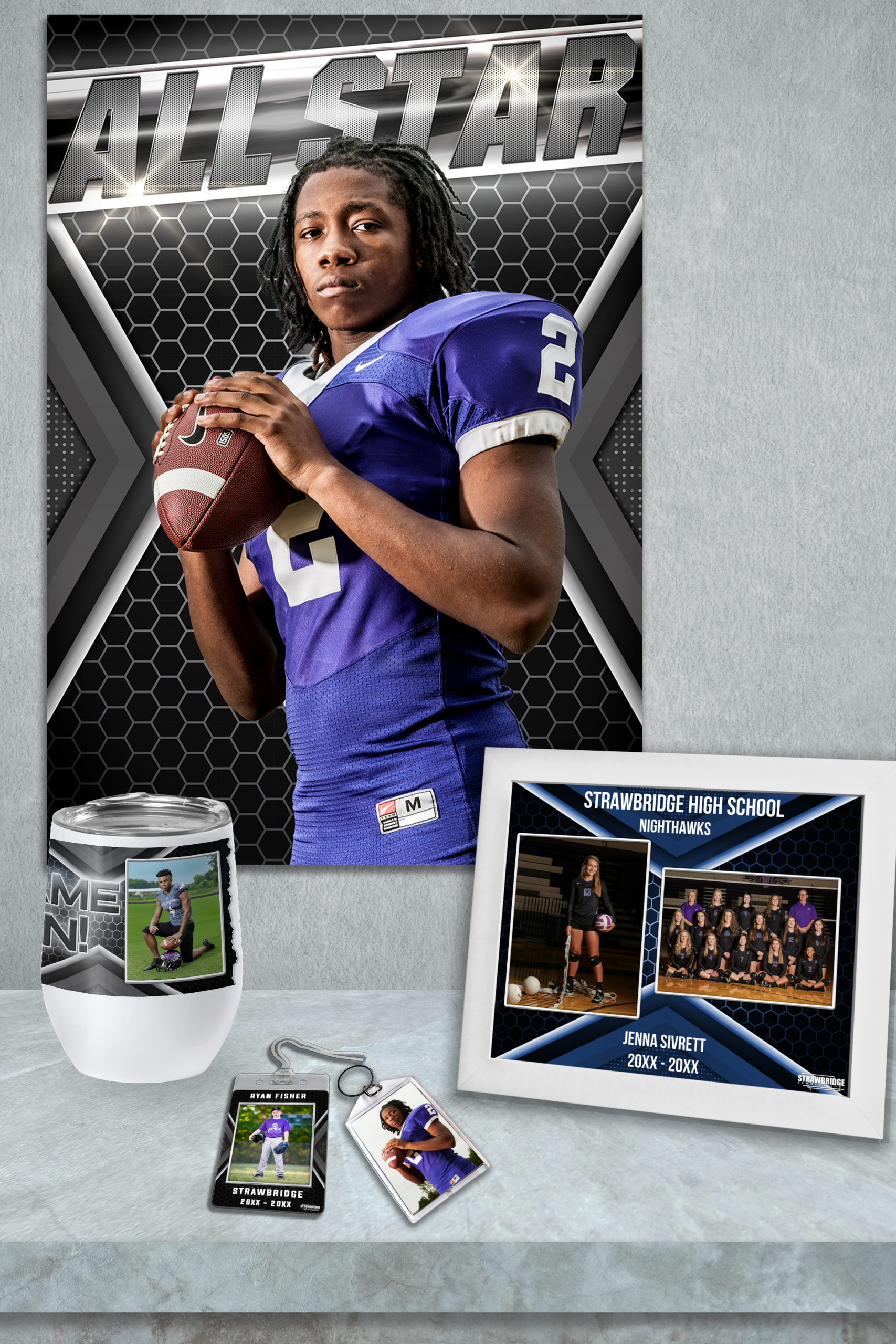 A display of some of our novelty offerings— a poster, a bag tag, a keychain, and a wine cup. A Memory Mate is next to the novelty items.