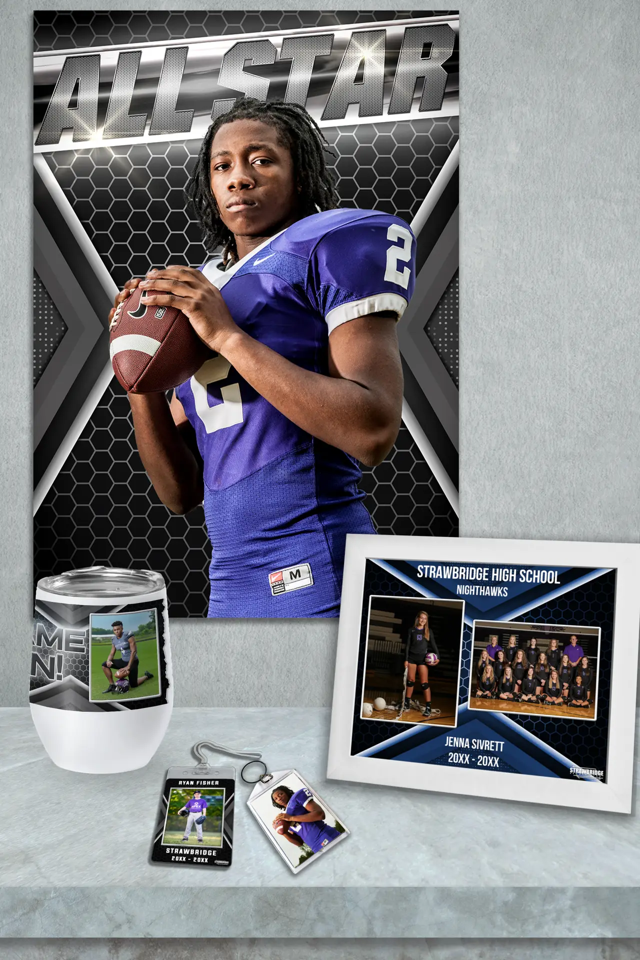 A display of some of our novelty offerings— a poster, a bag tag, a keychain, and a wine cup. A Memory Mate is next to the novelty items.